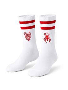 2 Pairs Men's Gothic Style Spider Pattern, Spider Web Pattern, "AB" Style Fun Halloween Fashion Mid-Calf Socks, Outfit, Suitable For Halloween Wear, Suitable For Daily Sports Wear, Suitable For Back To School Season Purchase, Gift For Boys - White - View 5