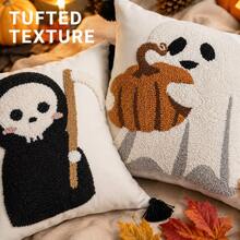 1 Stück/2 Stücke 18x18 Zoll gesteppte Halloween Kissenbezüge, Geister, Kürbis und Sensenmann dekorative Kissenbezüge mit verstecktem Reißverschluss und Quasten, geeignet für Sofa und Schlafzimmer Dekoration, nur Kissenbezüge, ohne Füllung - Weiss - Übersicht 3