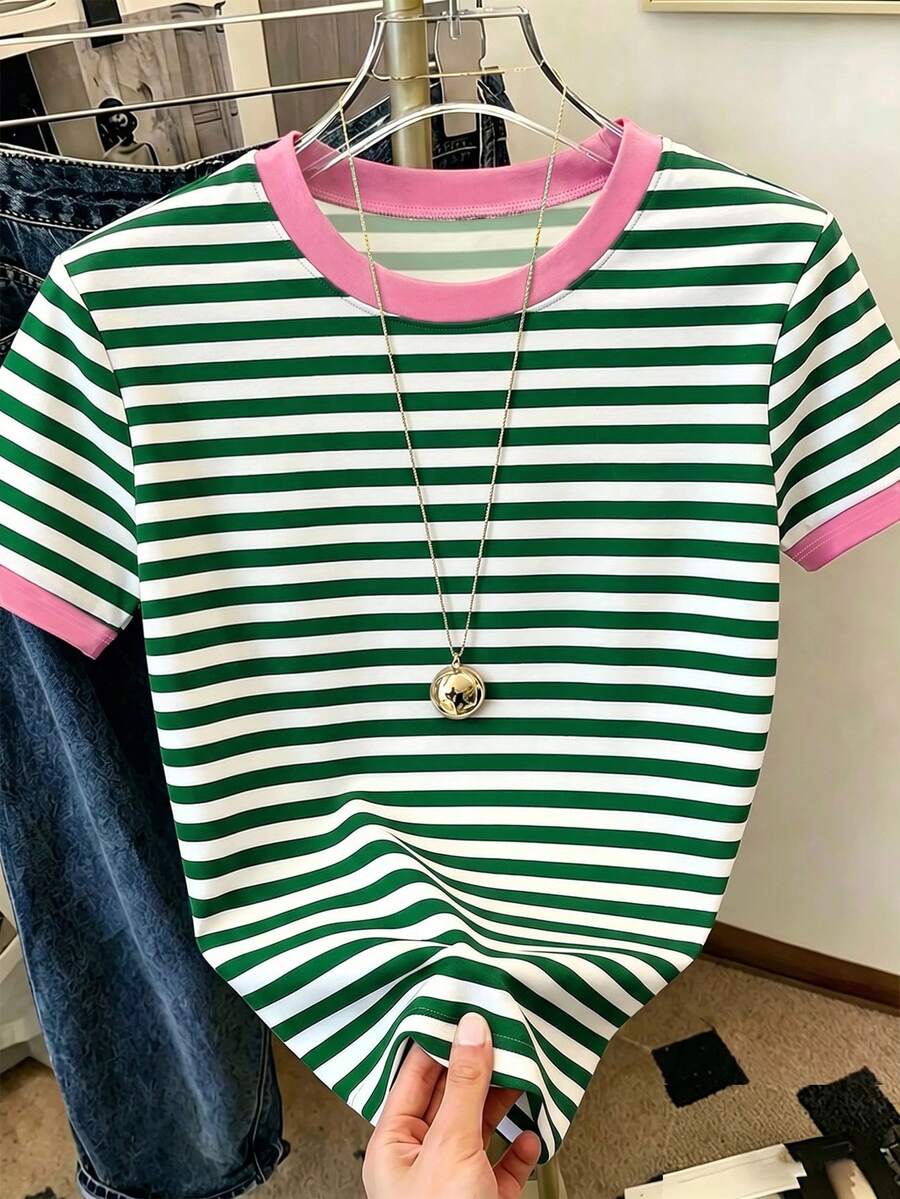 经典条纹粉棕色Y2K百搭优雅夏季女装,度假装,沙滩装,女士休闲圆领短袖简约T恤 - 綠色 - 查看 1