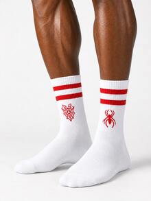 2 Pairs Men's Gothic Style Spider Pattern, Spider Web Pattern, "AB" Style Fun Halloween Fashion Mid-Calf Socks, Outfit, Suitable For Halloween Wear, Suitable For Daily Sports Wear, Suitable For Back To School Season Purchase, Gift For Boys - White - View 3