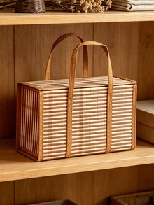 1個天然竹編野餐籃 長方形收納手提箱 附手把 鄉村風收納盒 適合戶外露營、居家裝飾，便攜輕量防水 - 卡其色 - 查看 5