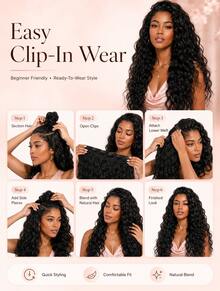 Women's Long, Deep Curly Hair Clip Style Full Roll Wavy Wig Set Is Lightweight And Easy To Install, Suitable For Travel With No Glue Needed Wigs, And Easy To Wear As Halloween Accessories. The Hair At 9am Is Light, Soft, And Naturally Shiny - Natural & Black - View 4