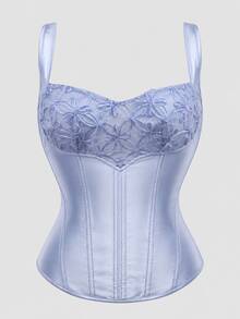 Women's Light Blue Satin Corset Top, Shoulder Strap Long Boning Bustier, Halloween Party Date Outing Top, Suitable For Holiday Parties - Blue - View 2