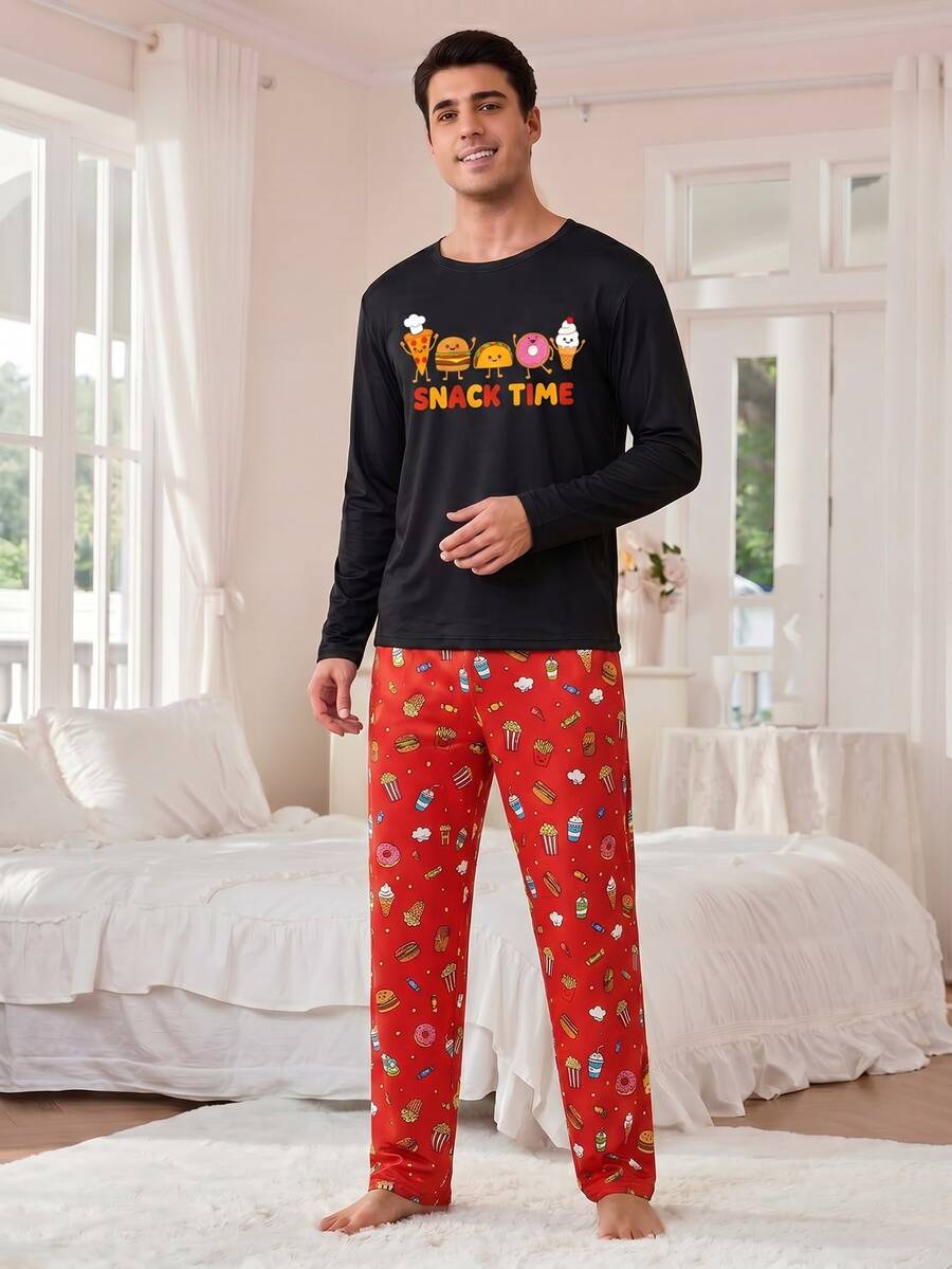 Men's Fun Home Set - Black Snack Cartoon Print Long Sleeve T-Shirt + Food Pattern Pants, Casual 2-Piece Pajama Set, Suitable For Relaxing At Home - Black - View 1