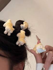 4pcs Cute Flocked Lying Kitten Snap Hair Clips, Adorable Cat Holding Fish Cartoon Barrettes, Kawaii Decorative Hair Pins For Girls - Multicolor - View 8
