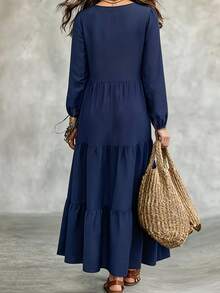 Women's Round Neck Half-Button Front Long Puff Sleeve Tiered Dress, Solid Navy Blue Loose Flowy Casual Dress, Autumn/Winter Daily Wear Fall - Navy Blue - View 11