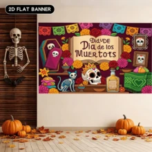 1pc 2D Flat Banner Day Of The Dead Themed Vintage Decorative Backdrop, Suitable For Mexican Festival Decoration, Home Party Background, Altar Arrangement, Photography Backdrop Wall, Indoor And Outdoor Holiday Atmosphere Creation, Polyester Material, Day Of The Dead Decoration, Halloween Decoration Supplies - A - View 5