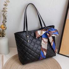 1pc Quilted Diamond Embroidered Scarf Decor Large Capacity Lightweight Versatile Commuter Tote Bag - Black - View 2