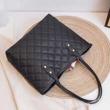 1pc Quilted Diamond Embroidered Scarf Decor Large Capacity Lightweight Versatile Commuter Tote Bag - Black - View 3
