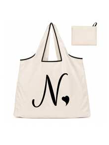 Sac cabas blanc à la mode avec initiale artistique A-Z noire, design avec bordure noire, matériau en taffetas enduit de polyester, sac de courses pliable et portable, sac cabas grande capacité pour femmes avec design facile à plier, convient pour un usage quotidien, les voyages, les vacances, l'école, la rentrée scolaire, le travail et les courses, chariot multifonctionnel, poignée robuste, cadeau pour la fête des enseignants, saison de la rentrée scolaire, fête de l'indépendance, voyage de vacances - Multicolore - Voir 33