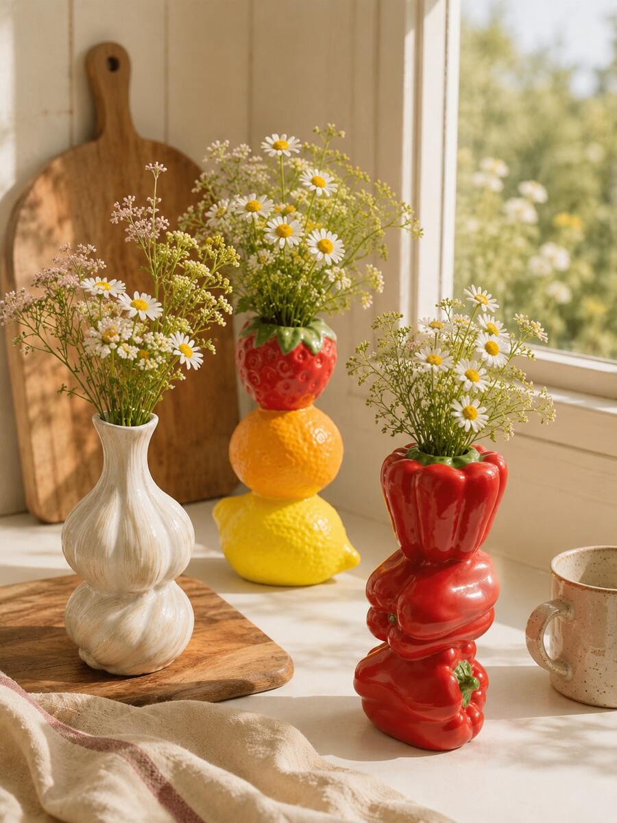 1pc Creative Fruit & Vegetable Vase, Colorful Layered Strawberry, Lemon, Chili Or Garlic Flower Holder, Cute & Quirky Desktop Decor, Suitable For Kitchen, Dining Room, Windowsill, Coffee Bar, Housewarming Gift - Multiple Models - View 1