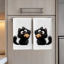 2件組卡通黑貓吃餅乾圖案印花 40*60cm 長方形超細纖維廚房毛巾，洗碗布、桌布、手巾，廚房裝飾、居家裝飾，適合送給鄰居的喬遷禮物，完美適用於廚房與浴室，適合家庭主婦與家庭聚會禮物，高 CP 值居家必需品 - 彩色 - 查看 6
