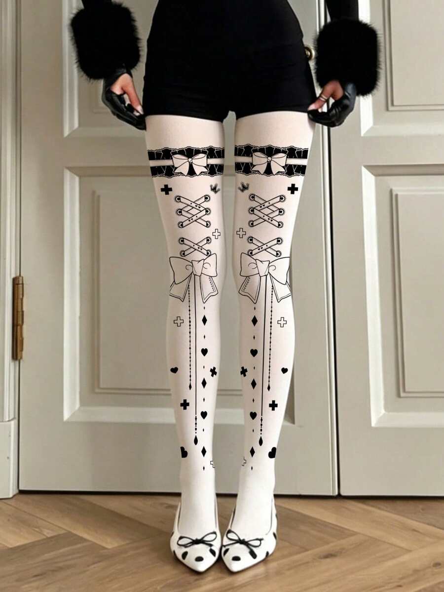 1 Pair Plus Size Bow With Strap Tights Sexy Unique Cute Style For Daily Date Spring Fall Party Halloween - Multicolor - View 1