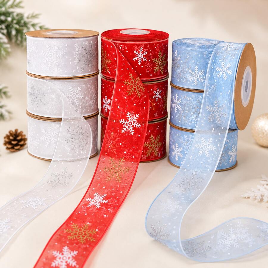 5 Yards Multi-Size Snowflake Textured Wired Edge Ribbon Roll, Shiny Tulle Organza Fabric Tape, Available In Red And Ice Blue, Suitable For Winter Holiday Gift Wrapping, Wreath Decoration, Bow Making And DIY Craft Projects - Ribbon - View 1