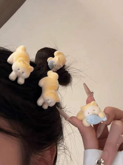 4pcs Cute Flocked Lying Kitten Snap Hair Clips, Adorable Cat Holding Fish Cartoon Barrettes, Kawaii Decorative Hair Pins For Girls