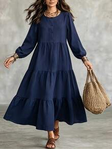Women's Round Neck Half-Button Front Long Puff Sleeve Tiered Dress, Solid Navy Blue Loose Flowy Casual Dress, Autumn/Winter Daily Wear Fall - Navy Blue - View 10