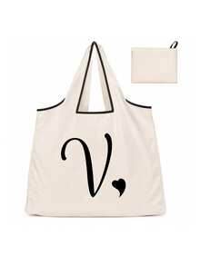 Sac cabas blanc à la mode avec initiale artistique A-Z noire, design avec bordure noire, matériau en taffetas enduit de polyester, sac de courses pliable et portable, sac cabas grande capacité pour femmes avec design facile à plier, convient pour un usage quotidien, les voyages, les vacances, l'école, la rentrée scolaire, le travail et les courses, chariot multifonctionnel, poignée robuste, cadeau pour la fête des enseignants, saison de la rentrée scolaire, fête de l'indépendance, voyage de vacances - Multicolore - Voir 14