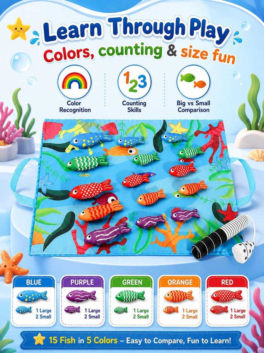 1 Set Non-Magnetic Toddler Fabric Fishing Toy, Number Matching Stacking Cup Fishing Toy Set With Hook And Loop Fish, Foldable Fabric Bag For Easy Storage, Early Education Interactive Crawling Toy For Boys And Girls, Suitable For Children's Day And Birthday Gifts (Random Color Accessories)