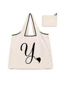 Sac cabas blanc à la mode avec initiale artistique A-Z noire, design avec bordure noire, matériau en taffetas enduit de polyester, sac de courses pliable et portable, sac cabas grande capacité pour femmes avec design facile à plier, convient pour un usage quotidien, les voyages, les vacances, l'école, la rentrée scolaire, le travail et les courses, chariot multifonctionnel, poignée robuste, cadeau pour la fête des enseignants, saison de la rentrée scolaire, fête de l'indépendance, voyage de vacances - Multicolore - Voir 22