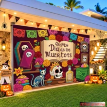 1pc 2D Flat Banner Day Of The Dead Themed Vintage Decorative Backdrop, Suitable For Mexican Festival Decoration, Home Party Background, Altar Arrangement, Photography Backdrop Wall, Indoor And Outdoor Holiday Atmosphere Creation, Polyester Material, Day Of The Dead Decoration, Halloween Decoration Supplies - A - View 2