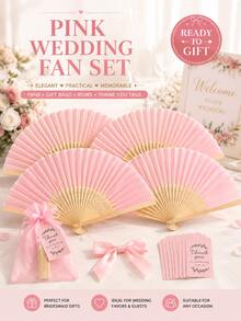 1-69pcs Pink Bamboo Folding Hand Fan Set With Organza Bag, Satin Ribbon Bow And Thank You Card, Wedding Guest Favors, Summer Party Handheld Fan, Bridesmaid Gift, Bridal Shower And Outdoor Wedding Decor - Multiple Styles - View 2