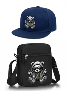 1件/2件裝 Cool Bear 個性化圖案印花中性平帽簷嘻哈棒球帽與斜跨包，街頭時尚戶外運動棒球帽平帽簷帽子與包，可調節，適合日常穿著與禮物 - 彩色 - 查看 16