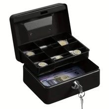 1pc Compact Metal Cash Box With Password Lock, Security Lock Box With Coin Tray, Glossy Black Surface, Suitable For Retailers, Personal Use, Home Office And Secure Storage - View 2