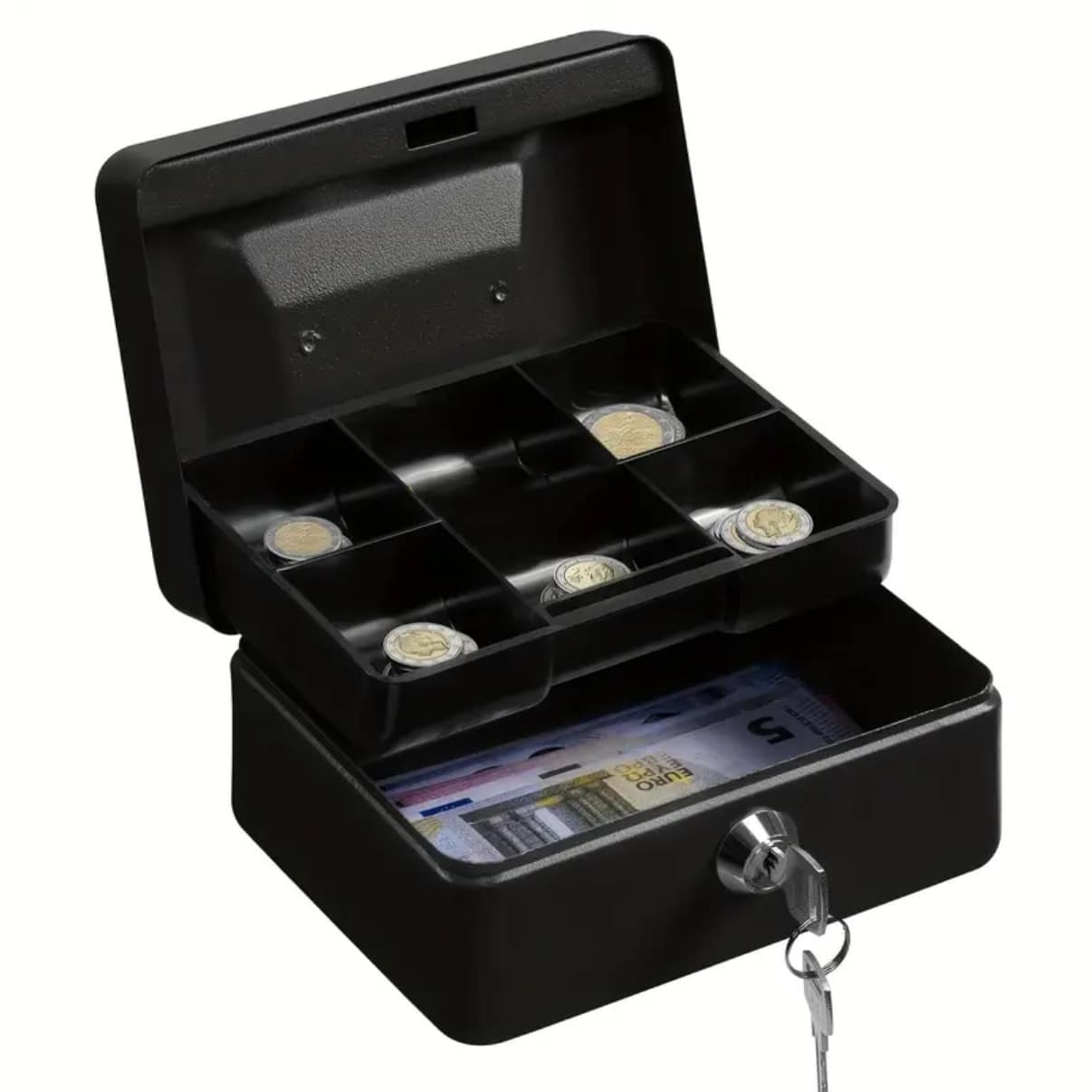 1pc Compact Metal Cash Box With Password Lock, Security Lock Box With Coin Tray, Glossy Black Surface, Suitable For Retailers, Personal Use, Home Office And Secure Storage