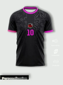 1 pieza Camiseta de fútbol personalizada de París con ribete negro & rosa | Nombre & número personalizados | Ropa deportiva transpirable de verano - Negro - Ver 2
