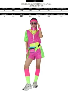 Women's 80s Retro Aerobics Costume, Color Block Zip Up Top & Shorts Set, 90s Workout Outfit For Halloween Cosplay Party Fall - Hot Pink - View 3