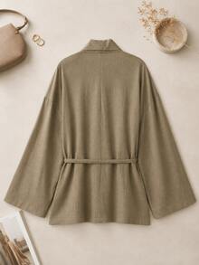 Women's Solid Color Linen-Like Tie-Front Loose Kimono Sleeve Cardigan Jacket, Spring/Autumn - Army Green - View 2
