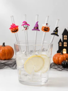 1-5PCS Reusable Clear Glass Straws With Halloween Witch Hat,Ghost&Pumpkin Accents,Cute Holiday Decor Drinking Straws For Kitchen Accessories,Water Cup,Boba Tea,Juice,Smoothies & Cold Drinks,Ideal For Beach Parties,Outdoor Picnics,Camping,Halloween Pa - View 2