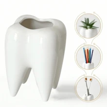 1pc Small Ceramic Dental Storage Bucket, Multi-Use Pen Holder, Cosmetic & Toothbrush Organizer, Succulent Flower Pot, Desktop Decor For Home Bedroom Office, Ideal Dental Gift - Storage - View 1