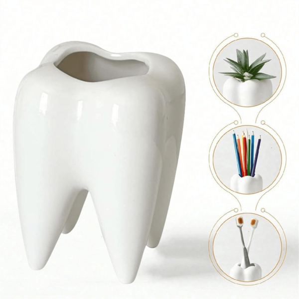 1pc Small Ceramic Dental Storage Bucket, Multi-Use Pen Holder, Cosmetic & Toothbrush Organizer, Succulent Flower Pot, Desktop Decor For Home Bedroom Office, Ideal Dental Gift