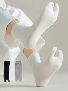 3pairs Women's Toe Separated Socks In Black, White And Grey, Fashionable Anti-Slip Socks, Japanese Style Tabi Socks & Flip Flop Socks, Fall - Multicolor - View 3
