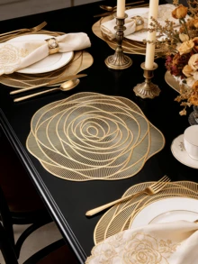 1-6pcs Gold Rose Hollow Placemats, Luxury Modern PVC Irregular Flower Heat-Insulating Non-Slip Table Mats, Suitable For Wedding, Dinner Party, Christmas, Valentine's Day Table Decor, All Seasons - Multicolor - View 1