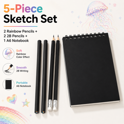 Set Pensil Sketsa Pelangi 5 Buah, Termasuk Buku Catatan Spiral Hitam A6, Pensil 2B, Cocok untuk Menggambar, Mencatat, Mencoret-coret, dan Menulis Jurnal
