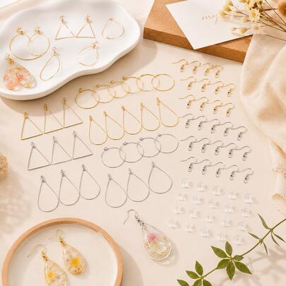 QIAO DIY Earring-Making Kit, Including Hoop, Teardrop, And Triangle Earring Settings, Ear Hooks, And Ear Backs, Suitable For Handmade Jewelry Crafting.