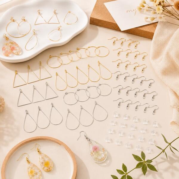 QIAO DIY Ohrring-Herstellungsset, einschließlich Ohrring-Einstellungen in Form von Reifen, Tropfen und Dreiecken, Ohrhaken und Ohrverschlüssen, geeignet für handgemachte Schmuckherstellung.