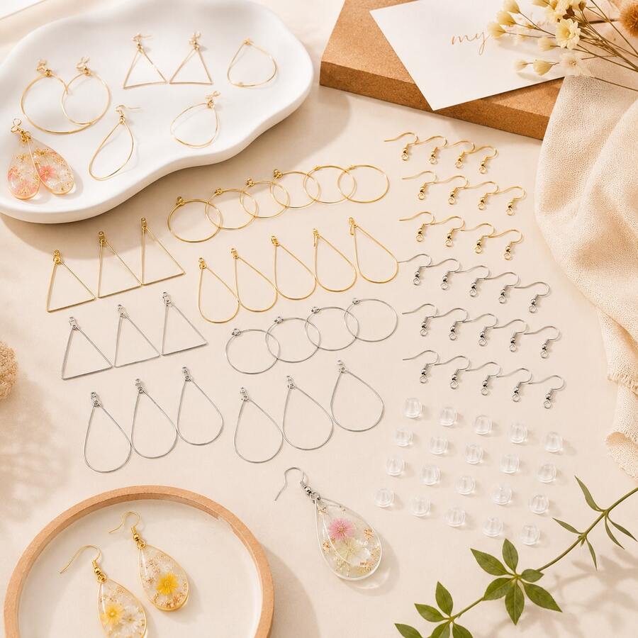 QIAO DIY Earring-Making Kit, Including Hoop, Teardrop, And Triangle Earring Settings, Ear Hooks, And Ear Backs, Suitable For Handmade Jewelry Crafting. - Multicolor - View 1