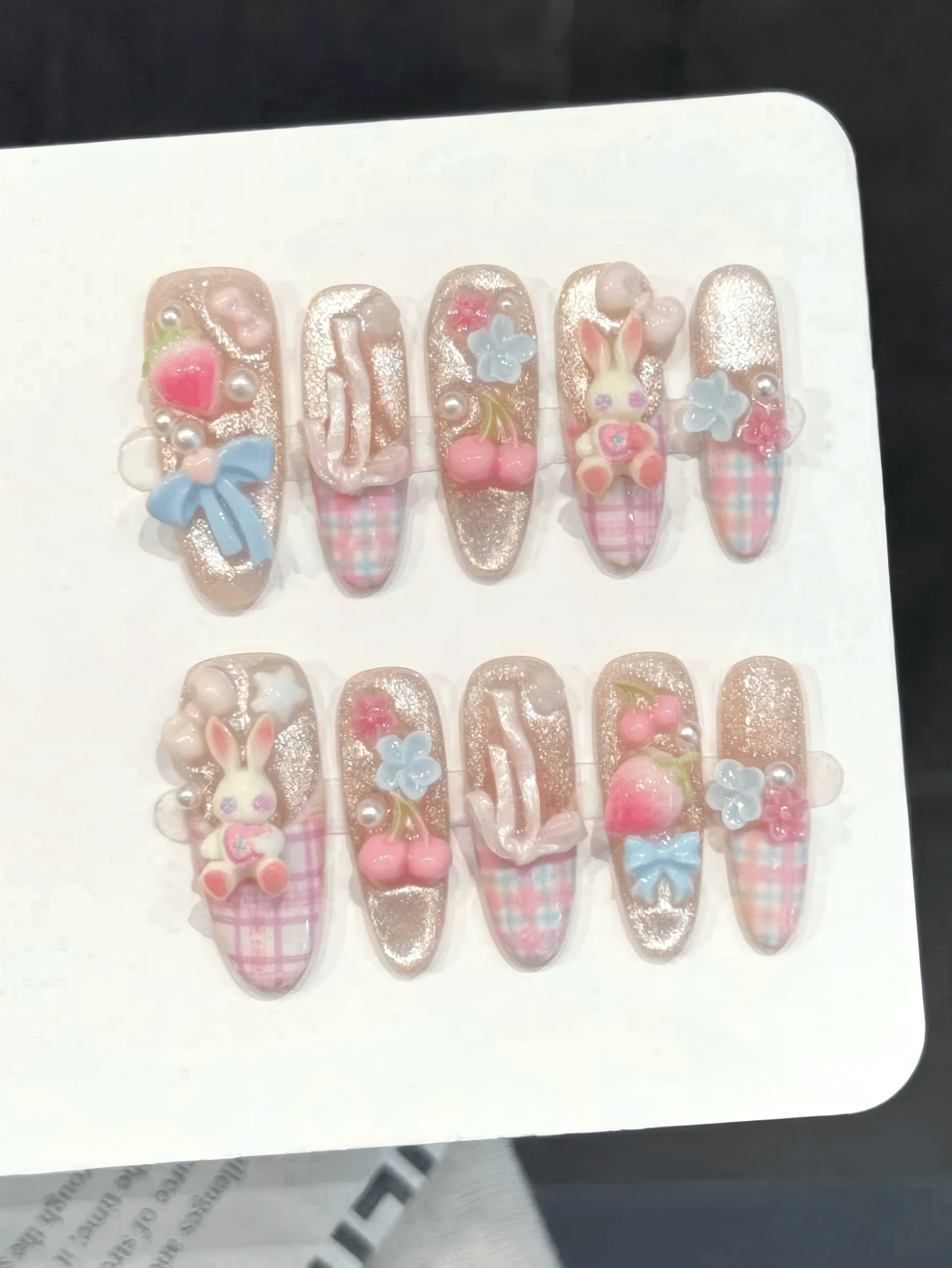 10PCS Oval Handmade Press On Nails, Y2K,Light Blue Floral Bear,Summer Vacation, Graduation Season, Spring And Summer, Suitable For Girls And Women Festivals,Music Festival,Daily Wear,Valentine's Day Gift.