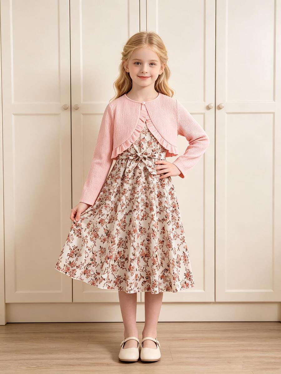 Tween Girls Floral Trim Cardigan Long Sleeve Top & Sleeveless Printed Dress 2-Piece Set, Spring/Autumn - Dusty Pink - View 1