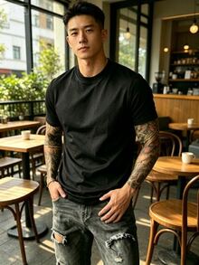 Men's Casual Versatile Solid Color High Neck Short Sleeve T-Shirt, Spring/Summer 100% Cotton Summer T-Shirt Gift For Men - 黑色 - 查看 4