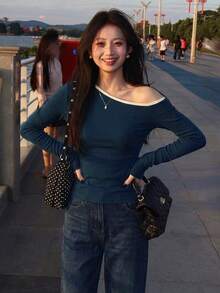 YCYC Korean Style Gentle Chic Solid Color Versatile Asymmetric Shoulder Cutout Long Sleeve T-Shirt For Women - Navy Blue - View 3
