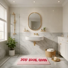1pc Minimalist Solid Pink Faux Cashmere Letter Print Floor Mat, Soft Absorbent Machine Washable Kitchen Rug, Fresh Entrance Mat, Rectangular Low Pile Holiday Home Decor Mat, Suitable For Living Room, Bedroom, Kitchen, Laundry Room - Baby Pink - View 8