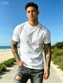 Men's Casual Versatile Solid Color High Neck Short Sleeve T-Shirt, Spring/Summer 100% Cotton Summer T-Shirt Gift For Men - 白色 - 查看 6