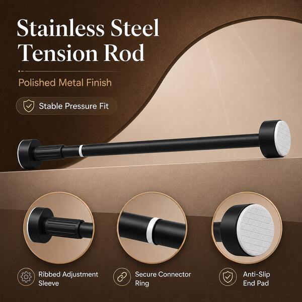 Adjustable Tension Rod - Made Of Stainless Steel With Plastic End Caps, Easy To Install Without Drilling, Suitable For Shower Curtains, Window Curtains, Door Curtains, Clothing Storage And Balcony Drying - Available In Silver, Black And White