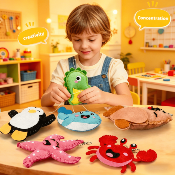 Kit de costura de 6 piezas para niños de 3 a 8 años – Agujas de plástico, adornos de animales DIY, regalo perfecto para Navidad, cumpleaños, Halloween y manualidades festivas
