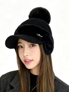 Berretto invernale in maglia con fodera in peluche da donna, adatto per sport all'aperto e abbigliamento casual, stile versatile - Berretto di lana con paraorecchie - Visualizzare 2
