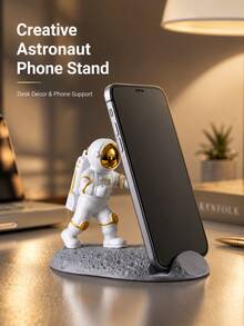 1pc Creative Astronaut Desktop Phone Stand, Space Theme Decorative Mobile Holder For Most Smartphones, Cute Desk Decor Phone Support For Watching Videos, Reading, Browsing And Video Calls, Suitable For Office Desk, Bedside And Dorm Room - Multicolor - View 1